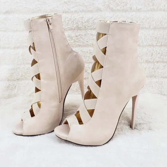 * Mona Mia Nude Peep Toe Wide Elastic Straps 4 3/4" Stiletto Heel Ankle Boots - Picture 5 of 9